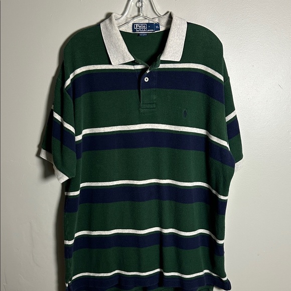 Polo Ralph Lauren Other - Vintage Polo Ralph Lauren Terrycloth Cotton Polo Green Navy White striped Sz XL